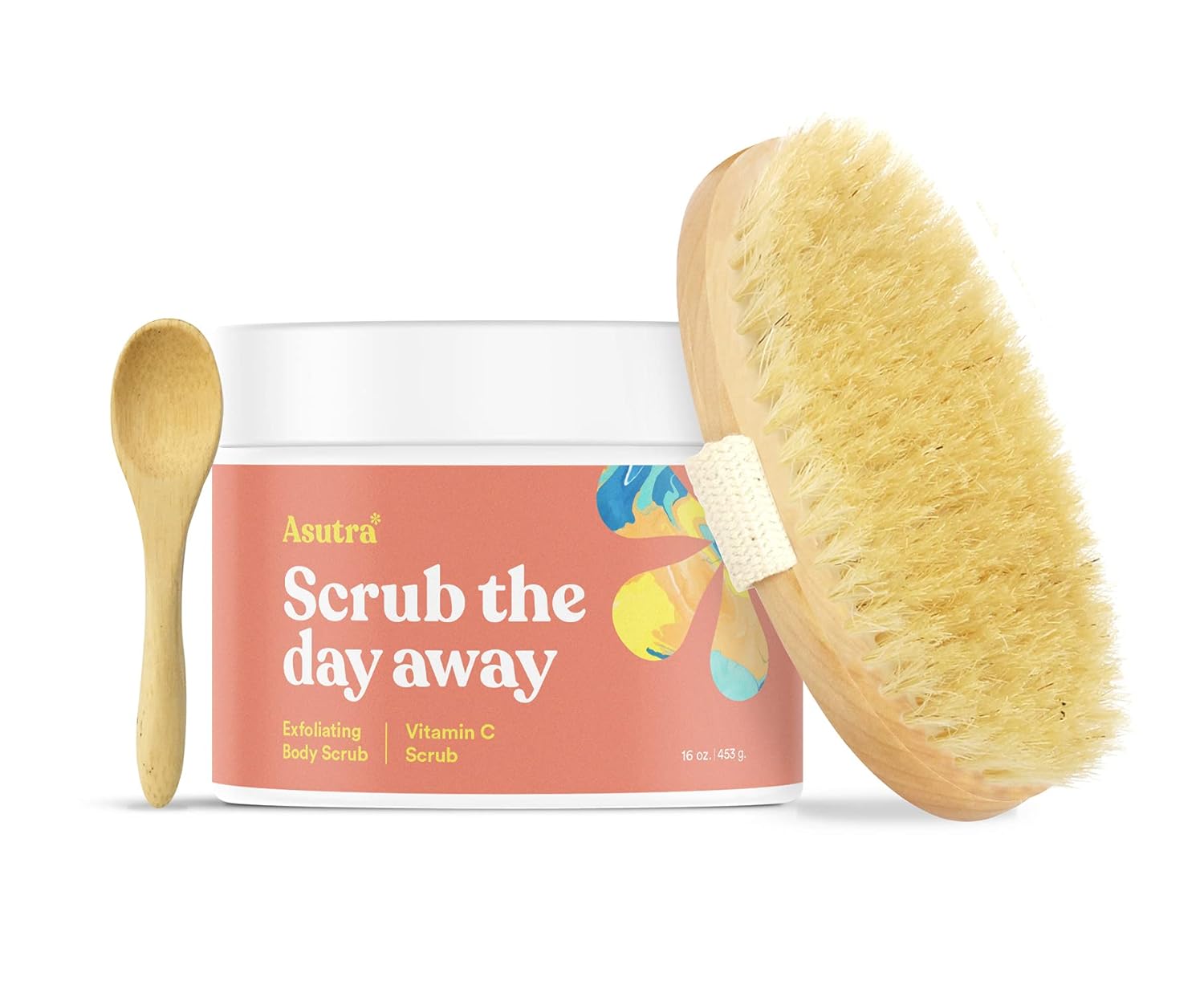 Asutra Dead Sea Salt Essential Oil Body Scrub Exfoliator And Dry Brush Bundle (Vitamin C), 16 Oz - Ultra Hydrating, Gentle, & Moisturizing - Coconut, Sweet Orange, Grapefruit, And Lemon Oils