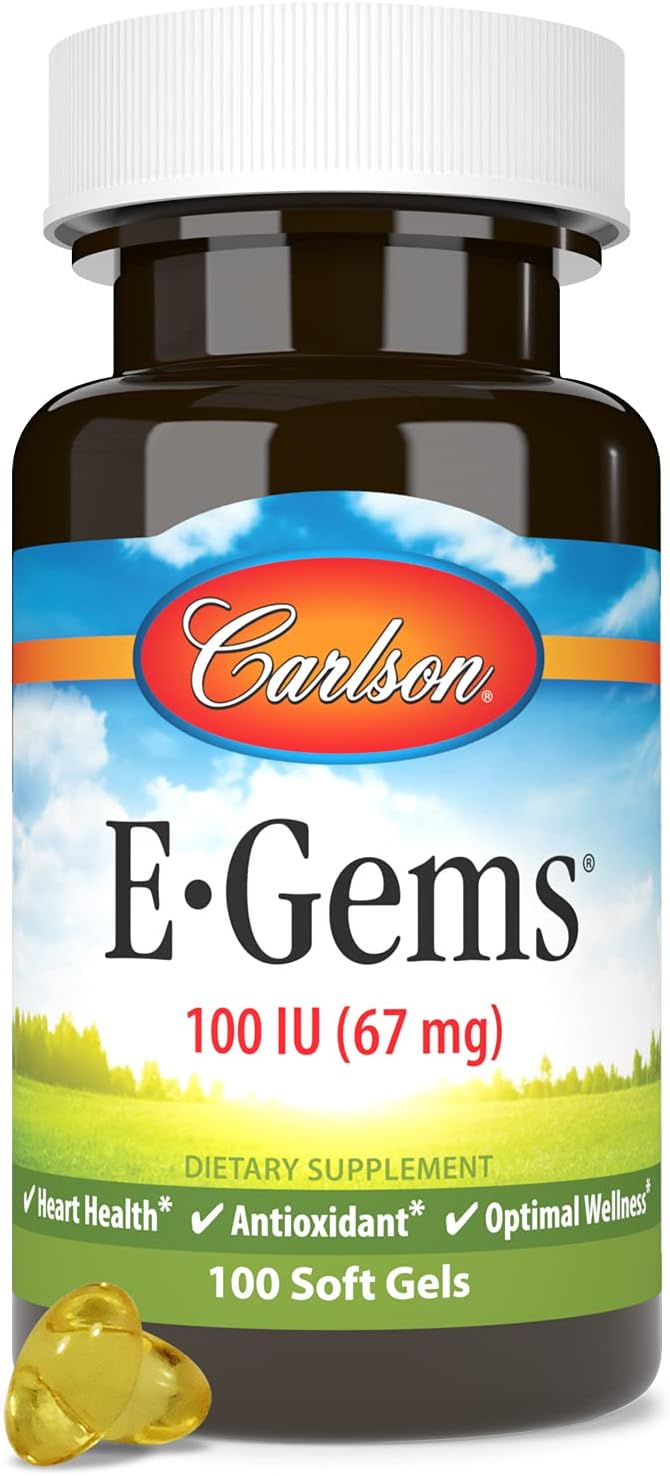 Carlson - E-Gems, 100 IU (67 mg), Natural-Source Vitamin E, Heart Health & Optimal Wellness, Antioxidant, 100 Soft Gels : Health & Household