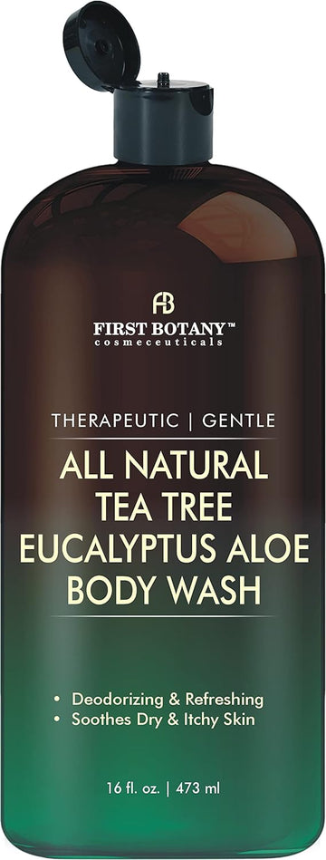First Botany, ALL Natural Body Wash - Fights Body Odor, Athlete's Foot, Jock Itch, Nail Issues, Dandruff, Acne, Eczema, Shower Gel for Women & Men, Skin Cleanser -16 fl oz (Tea Tree Eucalyptus)