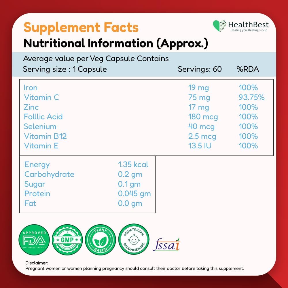 Haemobest Gentle Iron Power Capsules With Vitamin C - 60 Count - Boost Haemoglobin, Gentle On Stomachs - Non-Constipating Formula - Enhances Red Blood Cells Support : Health & Household