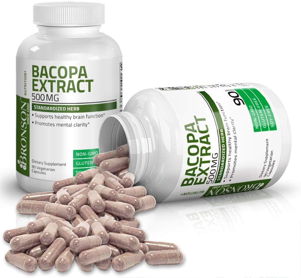 Bronson Bacopa Monnieri Extract 500 mg - Promotes Mental Clarity and Brain Function - Non GMO, 90 Vegetarian Capsules : Health & Household