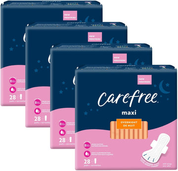 Carefree Maxi Pads For Women, Overnight Pads With Wings, 112Ct (4 Packs Of 28Ct) | Carefree Pads, Feminine Care, Period Pads & Postpartum Pads | 112Ct (4 Packs Of 28Ct)