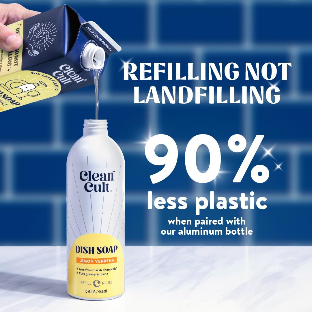 Cleancult Dish Soap Liquid Refills (32oz, 1 Pack) - Dish Soap that Cuts Grease & Grime - Free of Harsh Chemicals - Paper Based Eco Refill, Uses 90% Less Plastic - Lemon Verbena : Health & Household