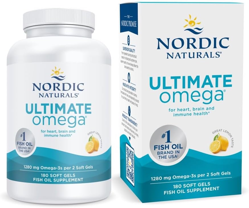 Nordic Naturals Ultimate Omega, Lemon Flavor - 180 Soft Gels - 1280 mg Omega-3 - High-Potency Omega-3 Fish Oil with EPA & DHA - Promotes Brain & Heart Health - Non-GMO - 90 Servings