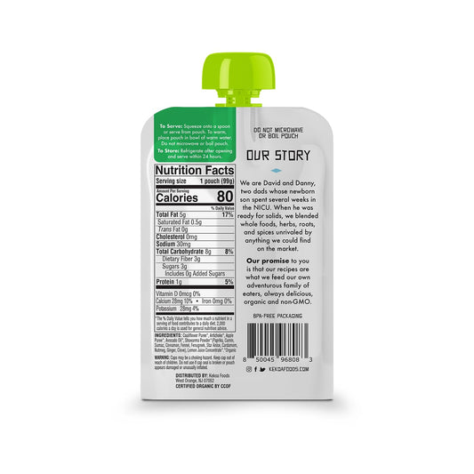 Kekoa Foods Shawarma, Artichoke & Cauliflower Baby Food Purée | 100% Usda Certified-Organic Vegetarian Squeeze Pouch | Organic, Non-Gmo, Gluten-Free, Vegan | Flavorful & Nutritious First Food For Babies | 3.5 Oz