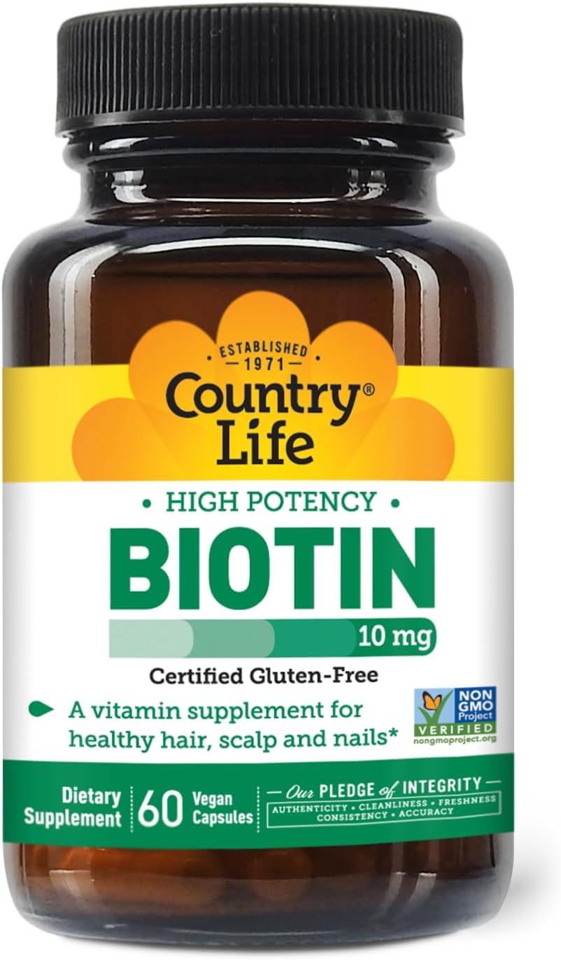 Country Life Vitamins High Potency Biotin 10,000 Mcg (10 Mg), 60 Count - Supplement For Hair, Scalp & Nails - Certified Gluten Free