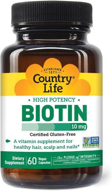 Country Life Vitamins High Potency Biotin 10,000 Mcg (10 Mg), 60 Count - Supplement For Hair, Scalp & Nails - Certified Gluten Free