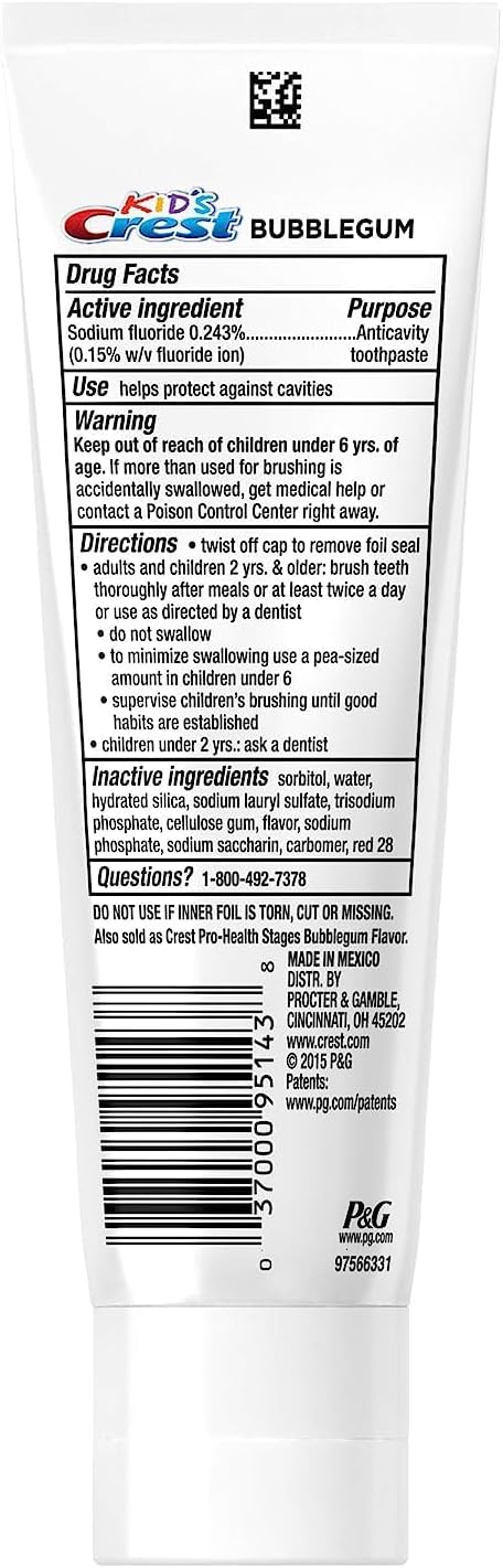 Kid'S Crest Cavity Protection Bubblegum Flavor Toothpaste Gel Formula, 4.2 Oz