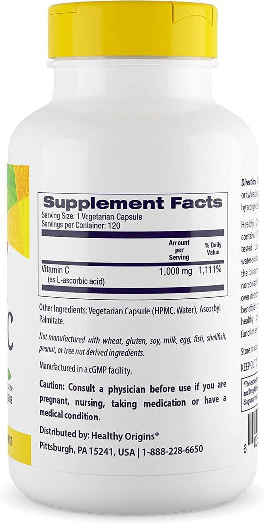 Healthy Origins Vitamin C (Non-GMO), 1,000 mg - Vegan Vitamin C - Ascorbic Acid for Immune Support - Supports Cell Function - Vegan, Gluten-Free & Non-GMO Supplement - 120 Veggie Capsules