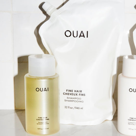 OUAI Fine Shampoo + Refill Bundle - Volumizing Shampoo with Keratin, Biotin & Chia Seed Oil for Fine Hair - Delivers Clean, Weightless Body - Sulfate Free Hair Care (2 Count, 10 Oz/32 Oz)
