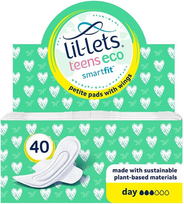 Lil-Lets Teens Eco Day Pads X 40 | Petite Towels for Girls & Teenagers | with Wings | Plant-Based Materials | Contains Sustainable Bamboo | Light to Medium Flow