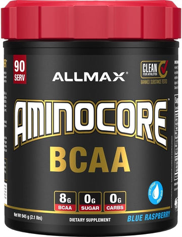 Allmax Aminocore Bcaa, Blue Raspberry - 945 G Powder - 8.18 Grams Of Bcaas Per Serving - With B Vitamins - No Fillers Or Non-Bcaa Aminos - Sugar Free - 90 Servings