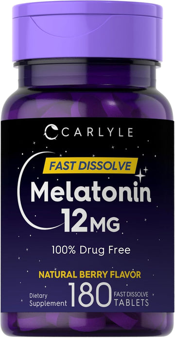 Carlyle Melatonin 12 Mg Fast Dissolve 180 Tablets | Drug Free | Natural Berry Flavor | Vegetarian, Non-Gmo, Gluten Free