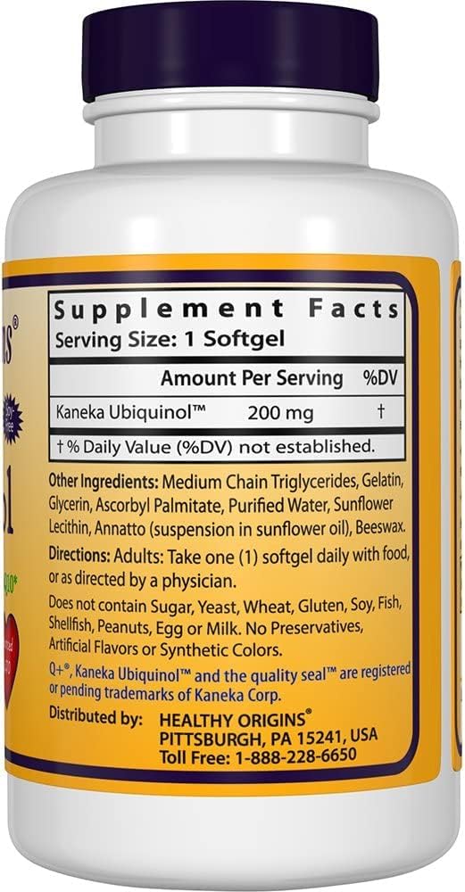 Healthy Origins Ubiquinol (Active Form of CoQ10), 200 mg - Activated Form of CoQ10 - Kaneka Ubiquinol Supplements for Heart Health & Antioxidant Support - Gluten-Free & Non-GMO - 60 Softgels