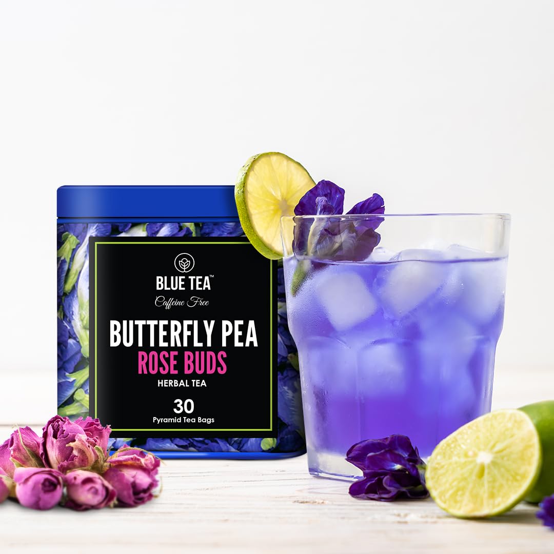 Blue Tea - Butterfly Pea Flower Tea - Rose Buds - 30 Count - Plant Based Tea Bags | Super Anti-Oxidant | Caffeine Free - Non-Bitter - Flower Based - Natural Ingredients - Vegan - Gluten Free - Non-Gmo | Tin Packaging