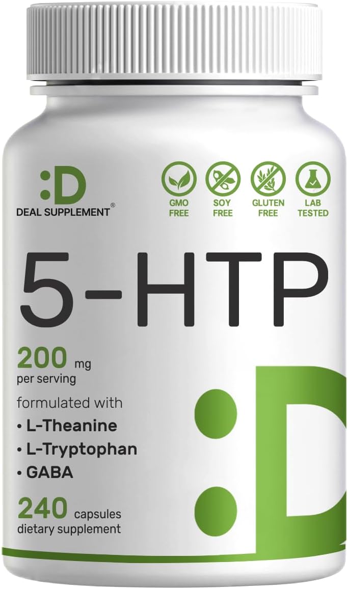 Deal Supplement 5-Htp 200Mg Per Serving, 240 Capsules, 98% African Derived Griffonia Seed Extract | 4 In 1 Formula | Plus Active L Theanine, L Tryptophan, & Gaba | Relaxation Support