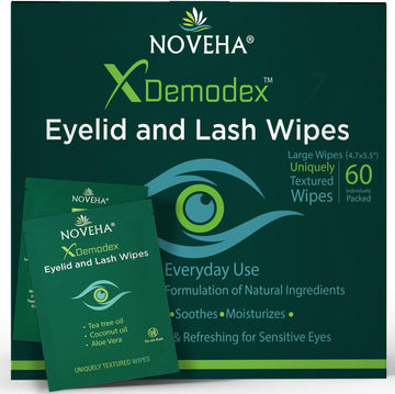 Noveha Demodex Eyelid & Lash Wipes | Box Of 60 Individually Wrapped Extra Strength Cleansing Eyelash Wipes - Battles Irritated Eyes - Naturally Remove Debris (Pack Of 2)