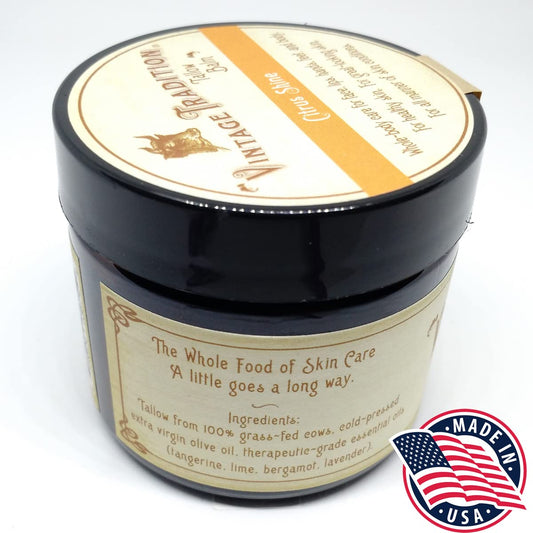 Vintage Tradition Beef Tallow All Purpose Balm – Healing, Hydrating Citrus Oil Skin Care Salve Replaces Body Lotion, Hand Cream, More – Essential Oil,A Olive Oil, And Grass-Fed Tallow, 2 Fl. Oz