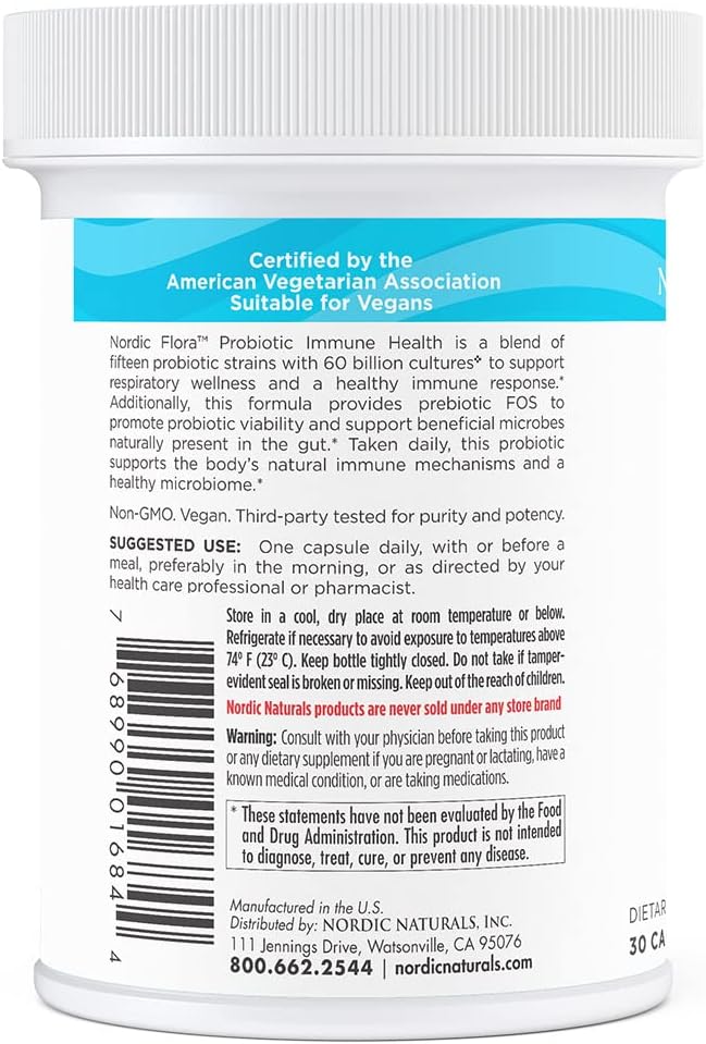 Nordic Naturals Nordic Flora Probiotic Immune Health, 30 Capsules, 15 Probiotic Strains for Immune and Digestive Health Support, Vegan, 30 Servings : Health & Household