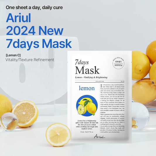 Ariul Sheet Mask New Seven Days Daily Care Essential Mask 10 Pack (Lemon C) Vitality, Texture Refinement | Korean Skincare Facial Moisturizing