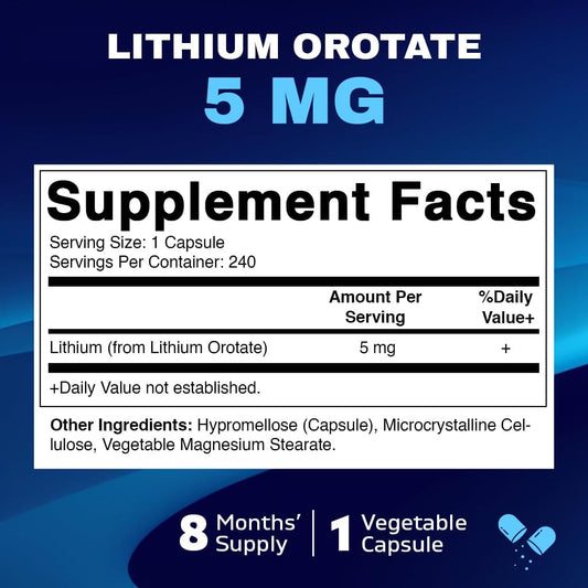 Vitamatic Lithium Orotate 5Mg, 240 Veggie Capsules, Non-Gmo, Gluten Free