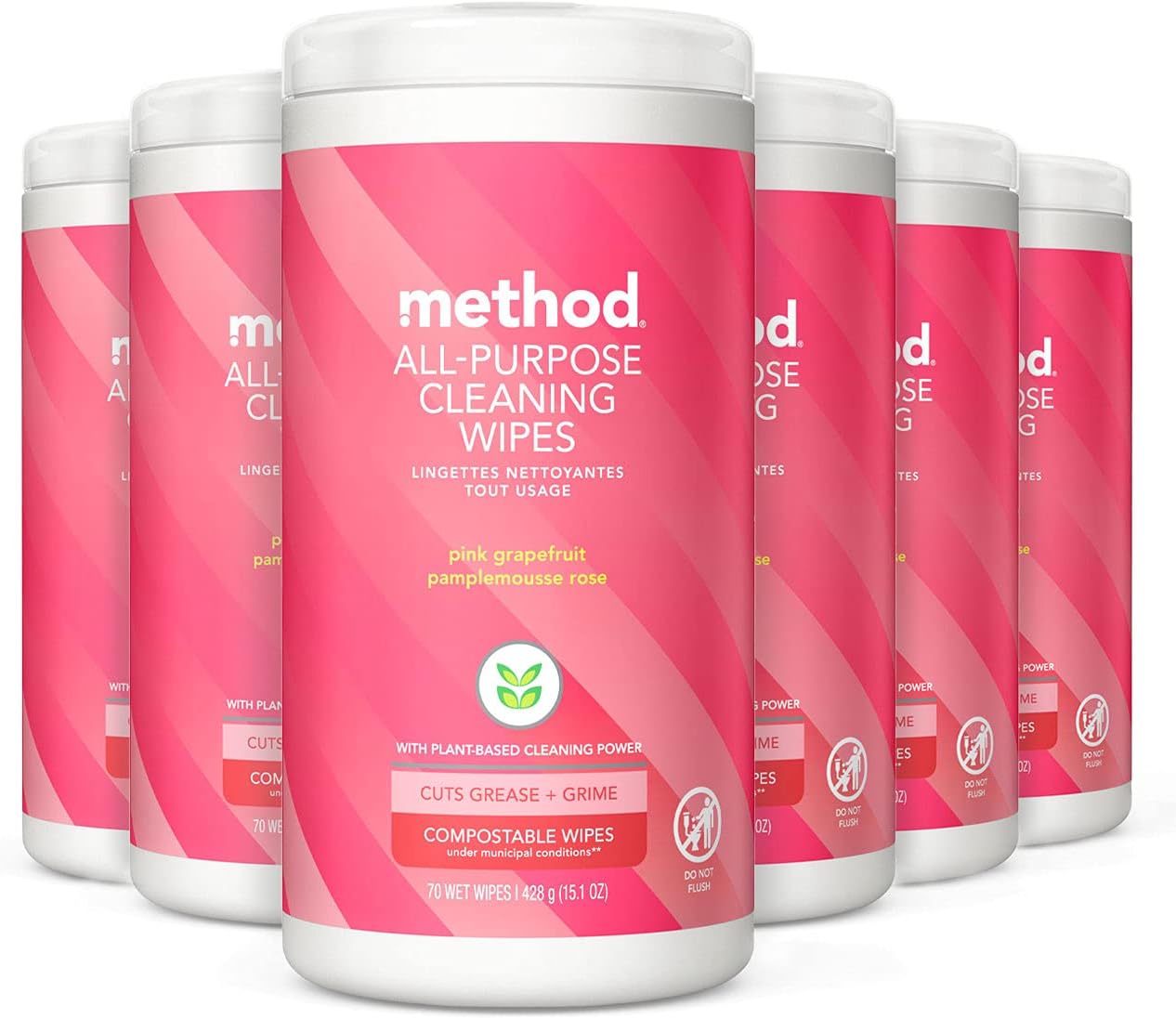 Method All-Purpose Cleaning Wipes, Pink Grapefruit, Multi-Surface, Compostable, 70 Count (Pack of 6)