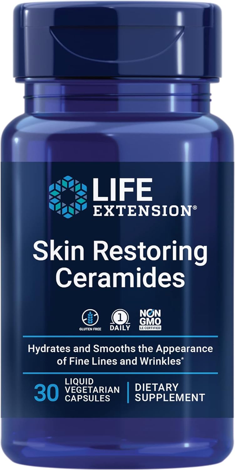 Life Extension Skin Restoring Ceramides - Promotes Hydration & Encourages Healthy Ceramide Levels In Skin - Once-Daily Oral Supplement - Non-Gmo, Gluten-Free  30 Liquid Vegetarian Capsules
