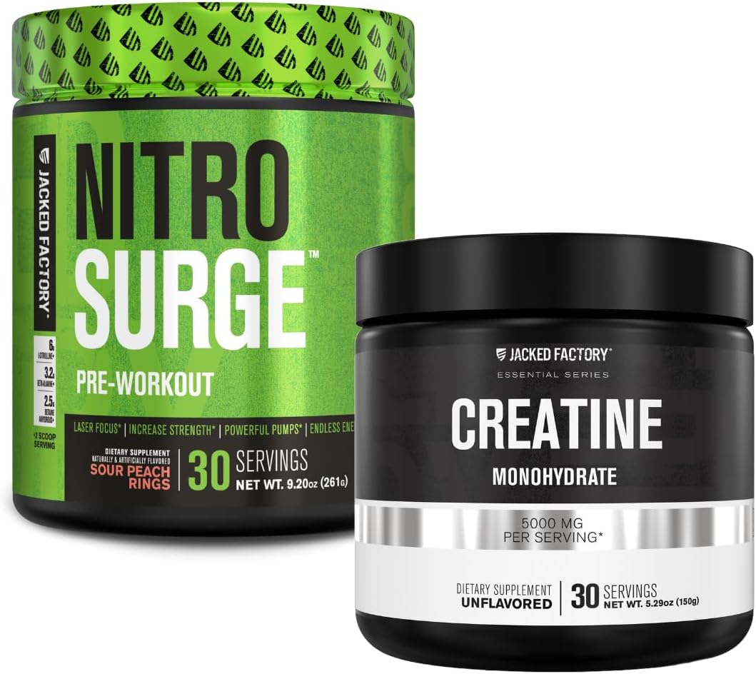 Nitrosurge Pre Workout Supplement - Energy Booster, Instant Strength Gains & Intense Pumps (30 Servings, Sour Peach Rings) & Creatine Monohydrate For Muscle Growth (30 Servings, Unflavored)