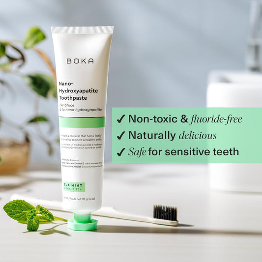 Boka Fluoride Free Toothpaste - Nano Hydroxyapatite, Remineralizing, Sensitive Teeth, Whitening - Dentist Recommended for Adult, Kids Oral Care - Ela Mint Flavor, 4 Fl Oz 3Pk - US Manufactured