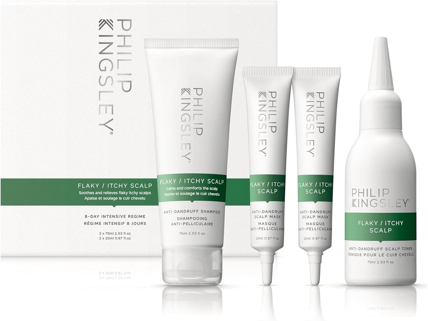 Philip Kingsley | Flaky/Itchy Regime Kit | Anit-Dandruff Shampoo, Toner, And Two Masks For Flaky, Itchy, Dry, Oily Scalps | Cleansing Scalp Care | Kit That Hydrates, Soothes And Calms | Set Of 4