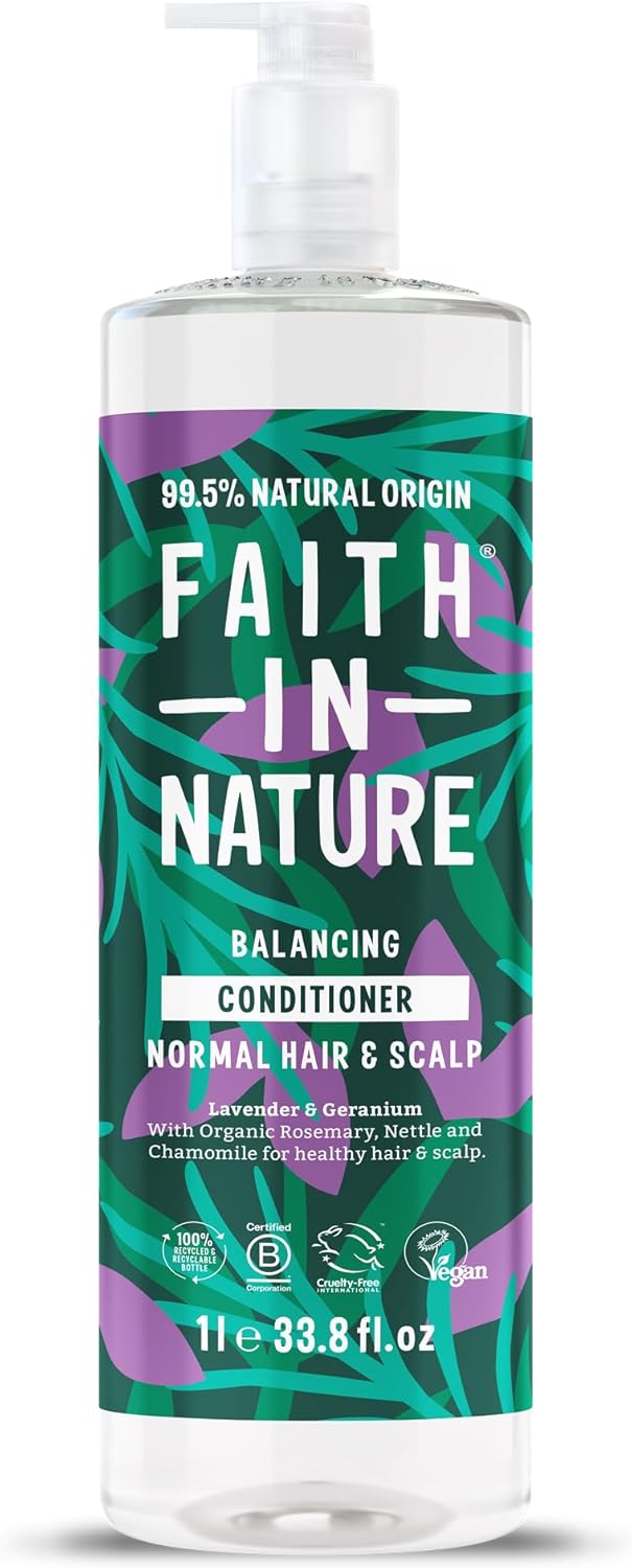 Faith In Nature 1L Natural Lavender & Geranium Conditioner, Balancing For Normal Hair & Scalp, Vegan & Cruelty Free, No Sls, Silicones Or Parabens, Family Sized