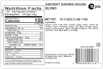 Yupik Granola Cereal, Ancient Grains, 2.2 Lb, A Granola Mix Of Organic Oats, Organic Agave Syrup, Sunflower Seeds, Pumpkin Seeds, Puffed Amaranth Seeds, And Flax Meal, Pack Of 1