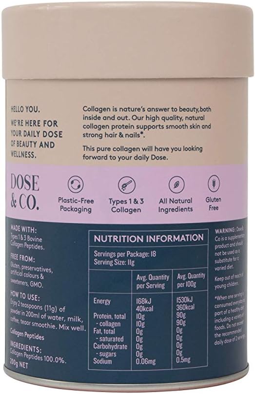 Dose & Co Pure Collagen Powder Unflavoured 200g – Hydrolyzed Collagen Peptides Supplement - Non-GMO, Dairy Free, Gluten Free : Amazon.co.uk: Health & Personal Care