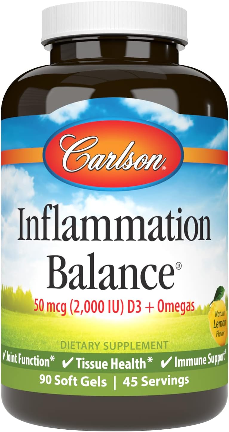 Carlson - Inammation Balance, Balanced Omega-3 & Omega-6 Ratio, with D3, Norwegian, Wild-Caught Fish Oil Supplement with Fatty Acids, Sustainably Sourced Fish Oil Capsules, 90 Softgels