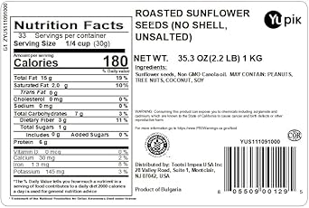 Yupik Roasted Sunflower Seeds (No Shell), 2.2 Lb, Unsalted Kernels, Hulled Seeds, Healthy Snack, Source Of Fiber, Versatile Ingredient, Pack Of 1