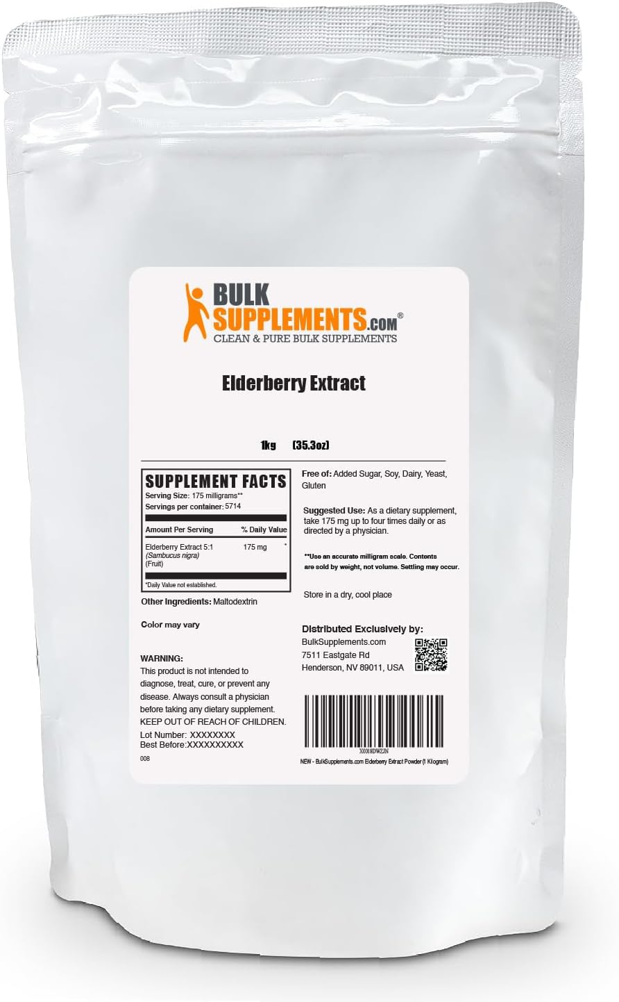 BULKSUPPLEMENTS.COM Elderberry Extract Powder - Elderberry Supplements - Black Elderberry - Elderberry Powder - Immune Support - 175mg of Elderberry Extract per Serving (1 Kilogram - 2.2 lbs)