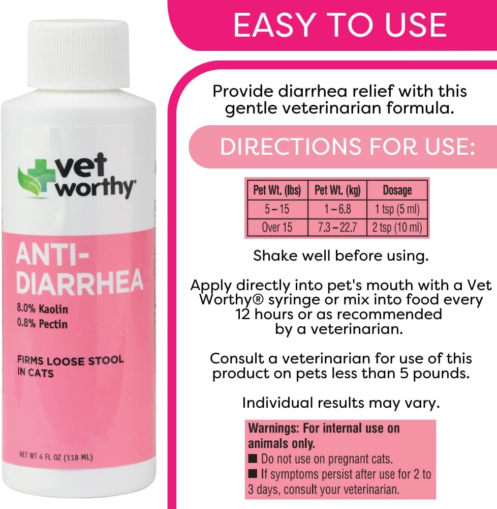 Vet Worthy Anti-Diarrhea for Cats - Cat Supplement to Help Relieve Diarrhea, Stomach Upset, and Discomfort - Pet Digestive Health Support with Kaolin and Pectin - 4oz : Pet Supplies