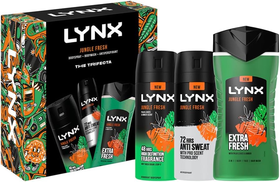 Lynx Jungle Fresh THE TRIFECTA 3-in-1 Body Wash 225 ml, 48Hrs High Definition Body Spray 150 ml & 72Hrs Antiperspirant 150 ml 3 Pieces Gift Set for Him : Amazon.co.uk: Beauty