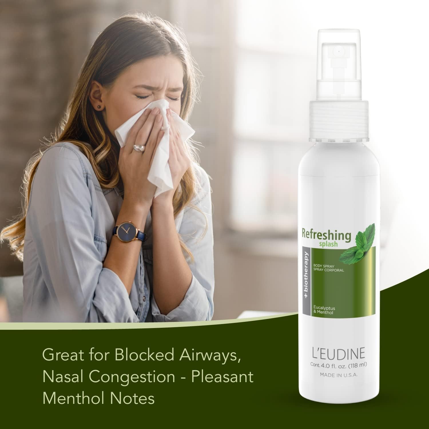 L’EUDINE Refreshing Splash - Pack of 3 - Air Freshener Spray – 4fl oz, Eucalyptus Spray for Body, Clothes, Bedding, Home, Car – Great for Blocked Airways, Nasal Congestion – Pleasant Menthol Notes : Health & Household