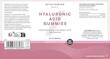 Myprotein Hyaluronic Acid Gummies - 100mg Hyaluronic Acid Per Serving - Supports Skin Hydration, Elasticity & Overall Skin Health - Delicious Mixed Berry Flavour - 60 Gummies : Amazon.co.uk: Health & Personal Care