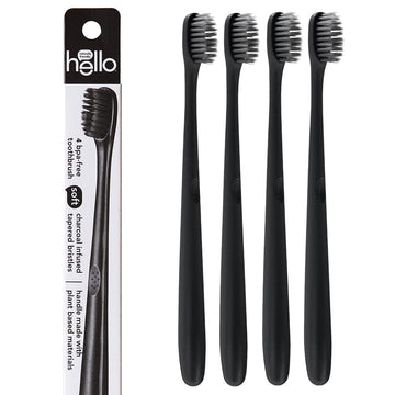 Hello Charcoal Soft Toothbrush With Activated Charcoal From Sustainable Bamboo, Bpa- Free, Made From Plant-Based Materials, 4 Pack