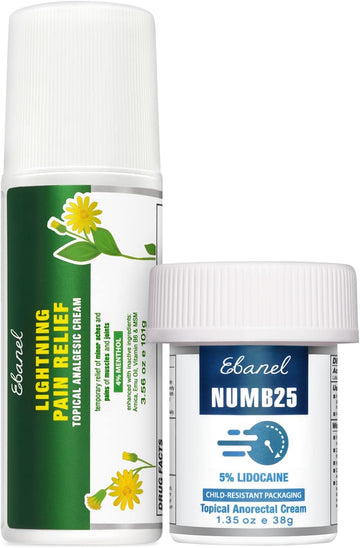 Ebanel Bundle of Numb25 Lidocaine 5% Topical Numbing Cream 1 Oz, and Pain Relief Roll On Arnica Menthol 3 Oz
