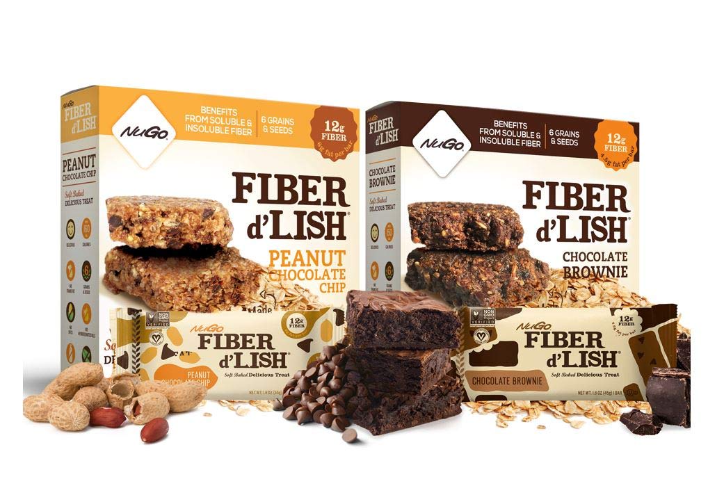 Nugo Fiber D'Lish Variety Chocolate Brownie & Peanut Chocolate Chip, 12G High Fiber, Vegan, 5 Bars Each, 10 Count