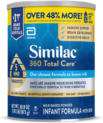 Similac 360 Total Care Infant Formula with 5 HMO Prebiotics, Our Closest Formula to Breast Milk, Non-GMO, Baby Formula Powder, 30.8-oz Can (Packaging may vary)