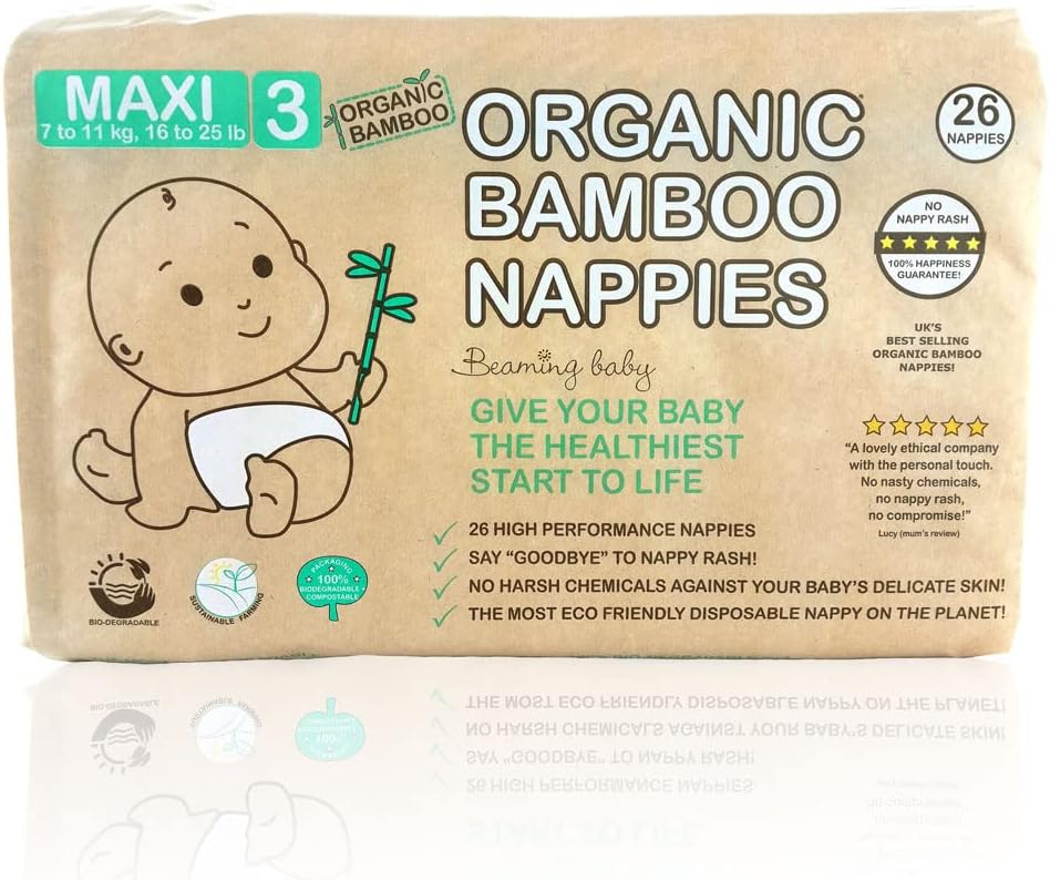 Beaming Baby Organic Bamboo Nappies Size 3, Maxi, 1 Pack Of 26 Bamboo Eco Nappies. Eco Friendly Bamboo Diapers For Your Beautiful Baby 3 To 9 Months