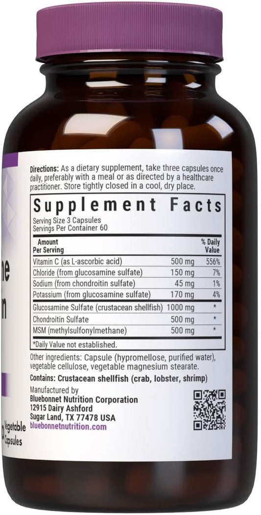 Bluebonnet Nutrition Glucosamine Chondroitin Plus Msm, Glucosamine, Chondroitin Sulfate, Vitamin C & Optimsm, Bone & Joint Health, Non Gmo, Gluten Free, Soy Free, Milk Free, 180 Vegetable Capsules