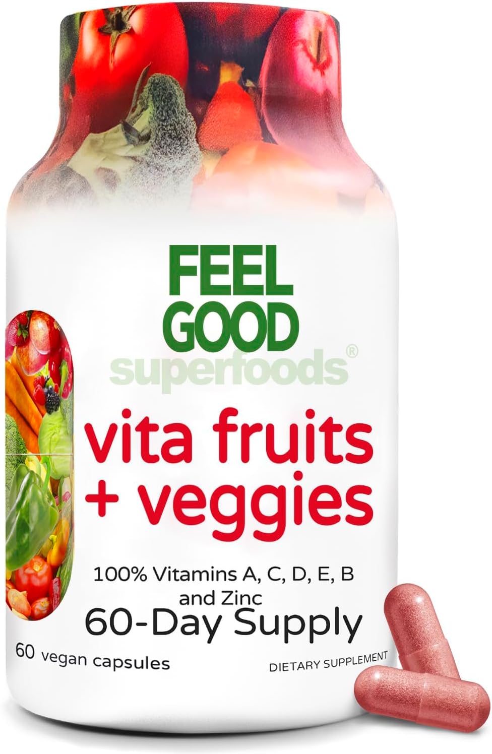 Vita Fruits And Veggies Capsules - 25 Superfood Ingredients, Fruit And Vegetable Multivitamin, 60 Count - For Men And Women - Vitamins A, C, D, E, B And Zinc
