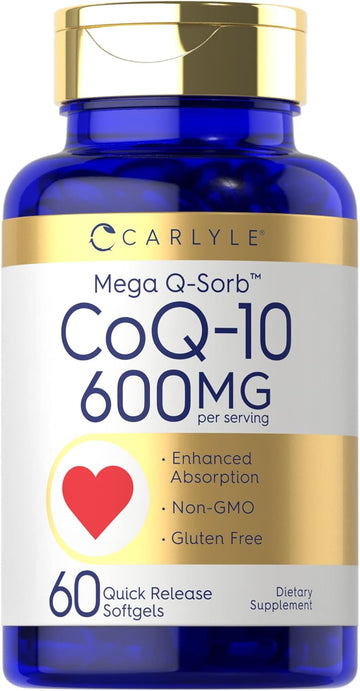 Carlyle Coq10 600 Mg | 60 Softgels | Mega Q-Sorb Coenzyme Q-10 | With Black Pepper Extract | Non-Gmo, Gluten Free