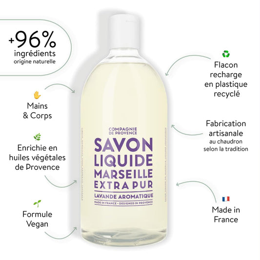 Compagnie De Provence Savon De Marseille Extra Pure Liquid Soap - Aromatic Lavender - 33.8 Fl Oz Plastic Bottle Refill