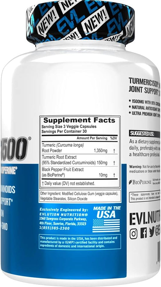 Herbal Relief Turmeric Curcumin with Bioperine - EVL 1500mg 95% Curcuminoid Turmeric Curcumin with Black Pepper for Digestive Skin Immunity Liver and Joint Support - Non GMO Vegan Turmeric Supplement